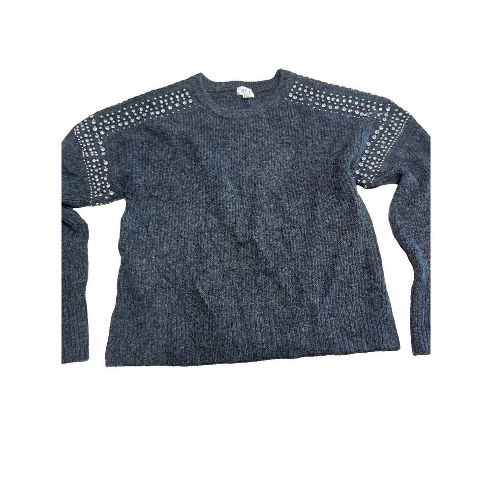 a.n.a Size S Gray Rhinestone Beaded Shoulder Crewneck Knit Sweater